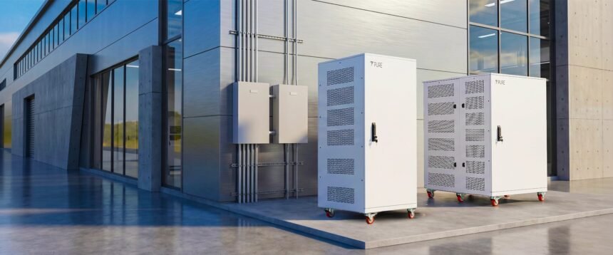 PURE Energy's PuREPower commercial storage cabinets outside an industrial building, as shown on the company's website.