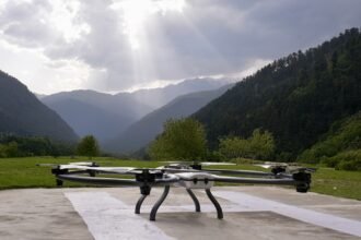 Raphe mPhibr heavy-lift logistics UAV on a mountain helipad