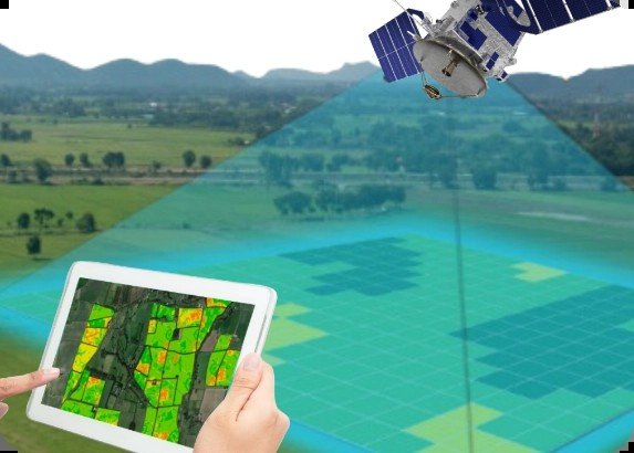 Satellite remote sensing over farmland shown on a tablet