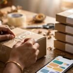 A seller's packing desk: parcels ready to ship beside a phone running the store