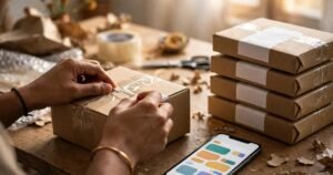 A seller's packing desk: parcels ready to ship beside a phone running the store
