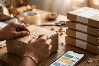 A seller's packing desk: parcels ready to ship beside a phone running the store