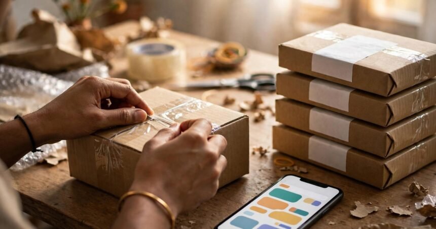 A seller's packing desk: parcels ready to ship beside a phone running the store