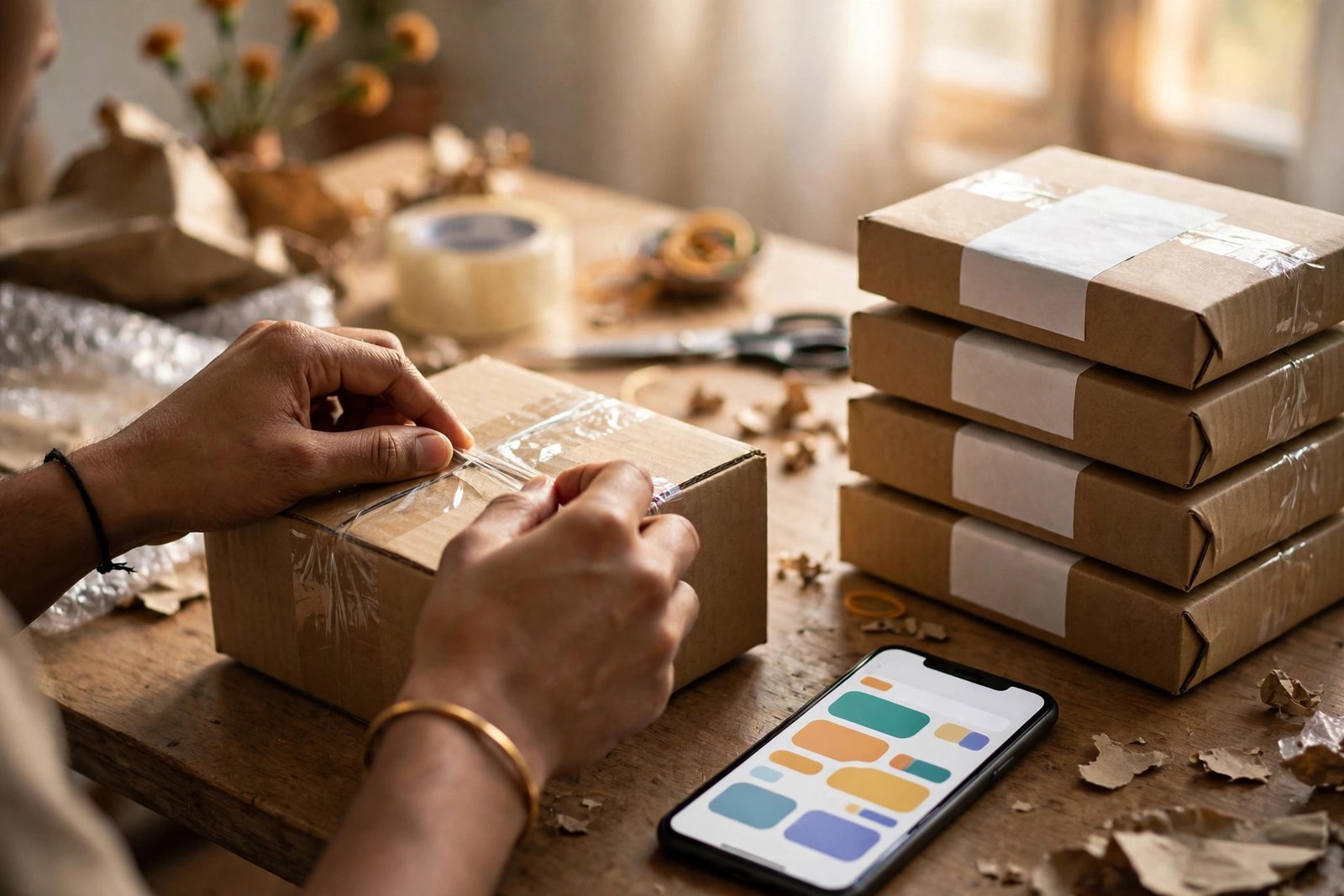 A seller packing parcels with a phone running the store beside the desk