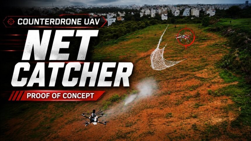 Saubha Aerial Systems' net-catcher drone deploying a net mid-flight in a proof-of-concept test
