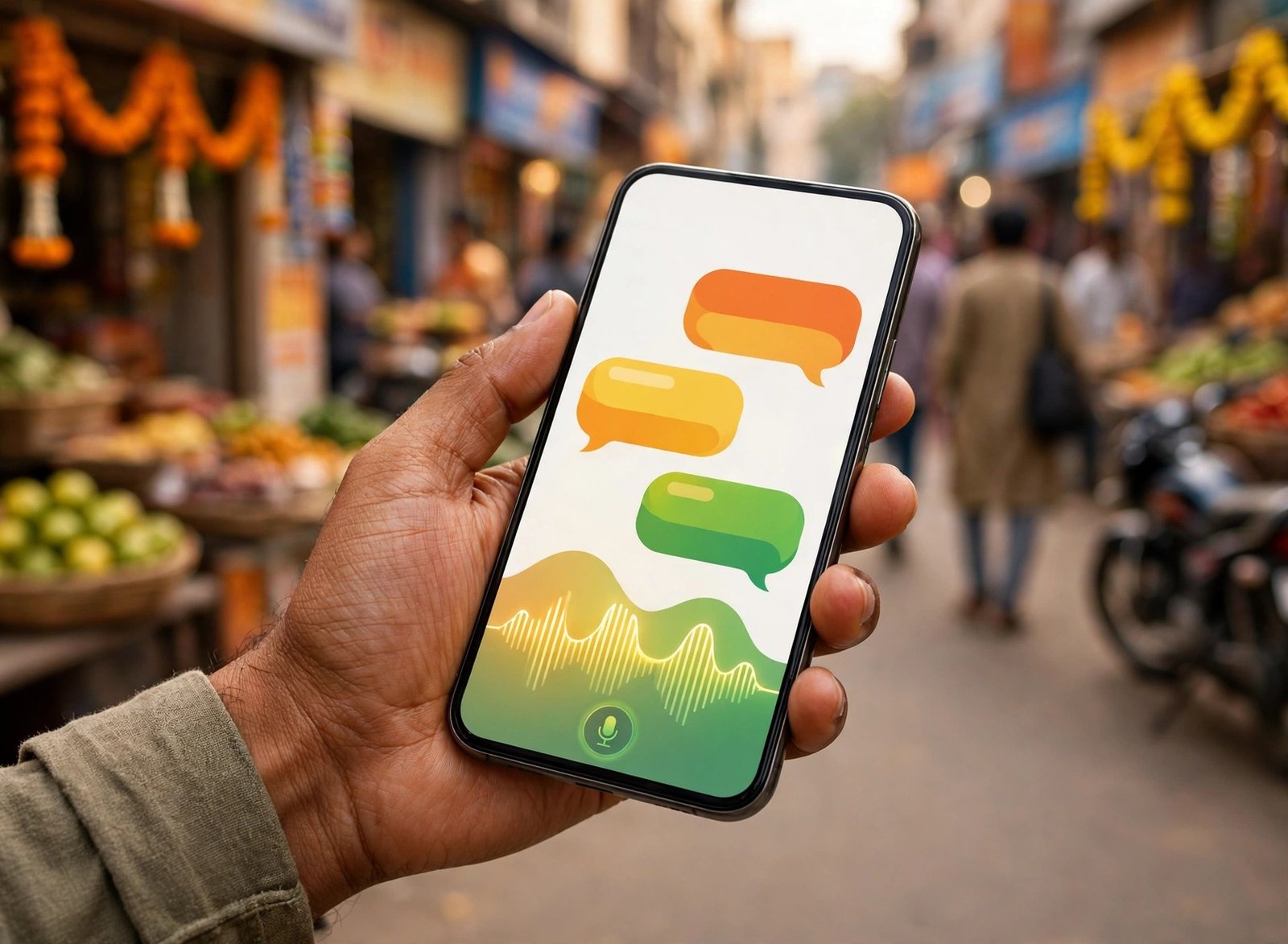 A multilingual AI voice assistant on a phone in an Indian market