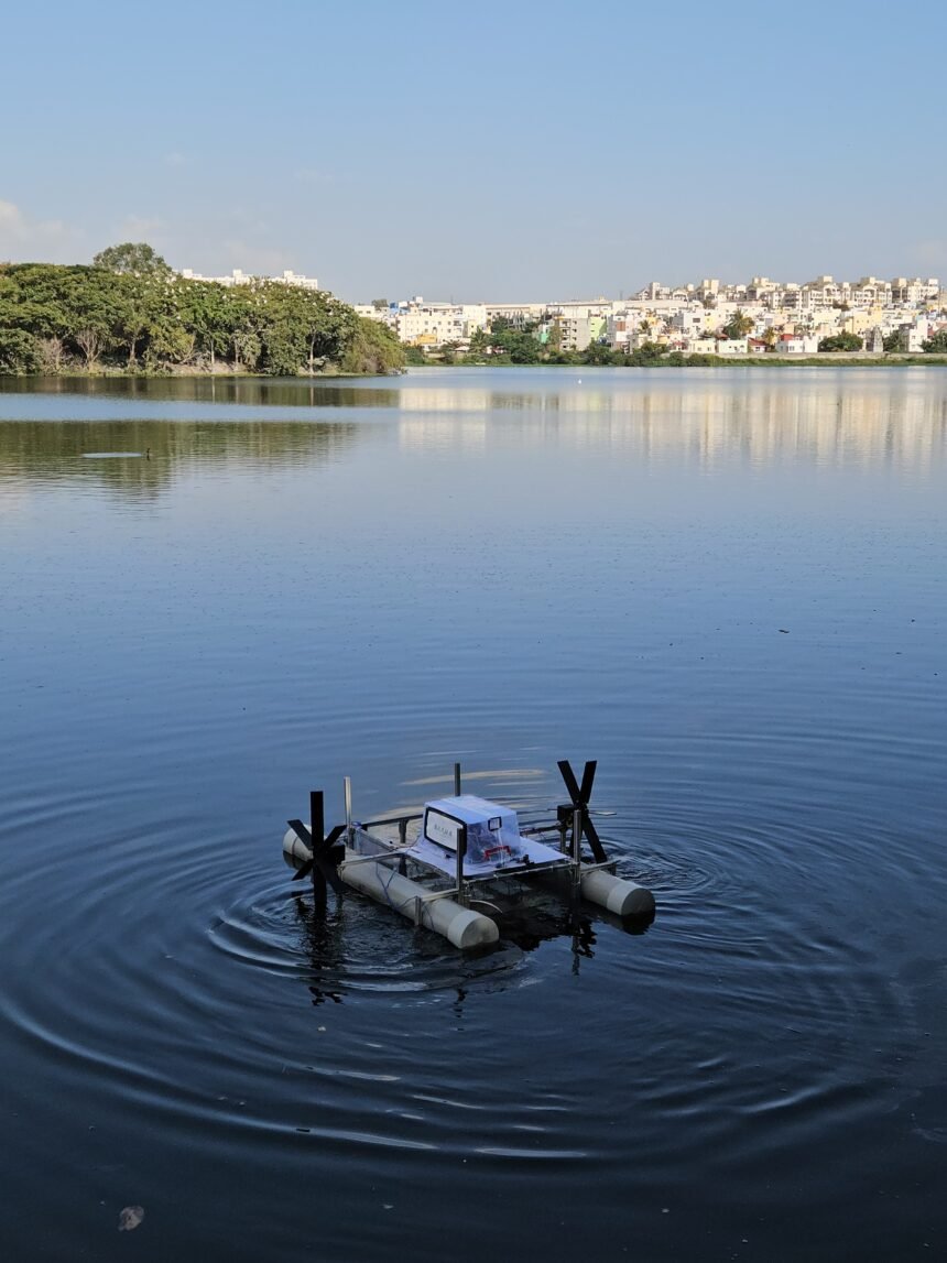 SCRUB Robotics autonomous lake-cleaning boat on a Bengaluru lake