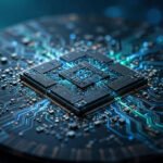 AI processor chip on a silicon wafer, representing semXai energy-efficient AI chips