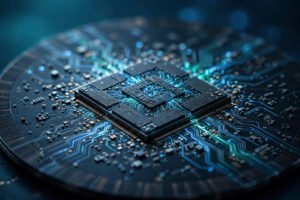 AI processor chip on a silicon wafer, representing semXai energy-efficient AI chips