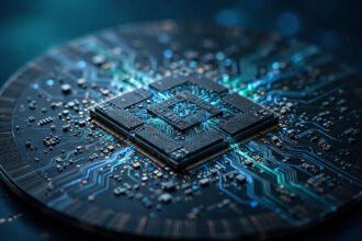 AI processor chip on a silicon wafer, representing semXai energy-efficient AI chips