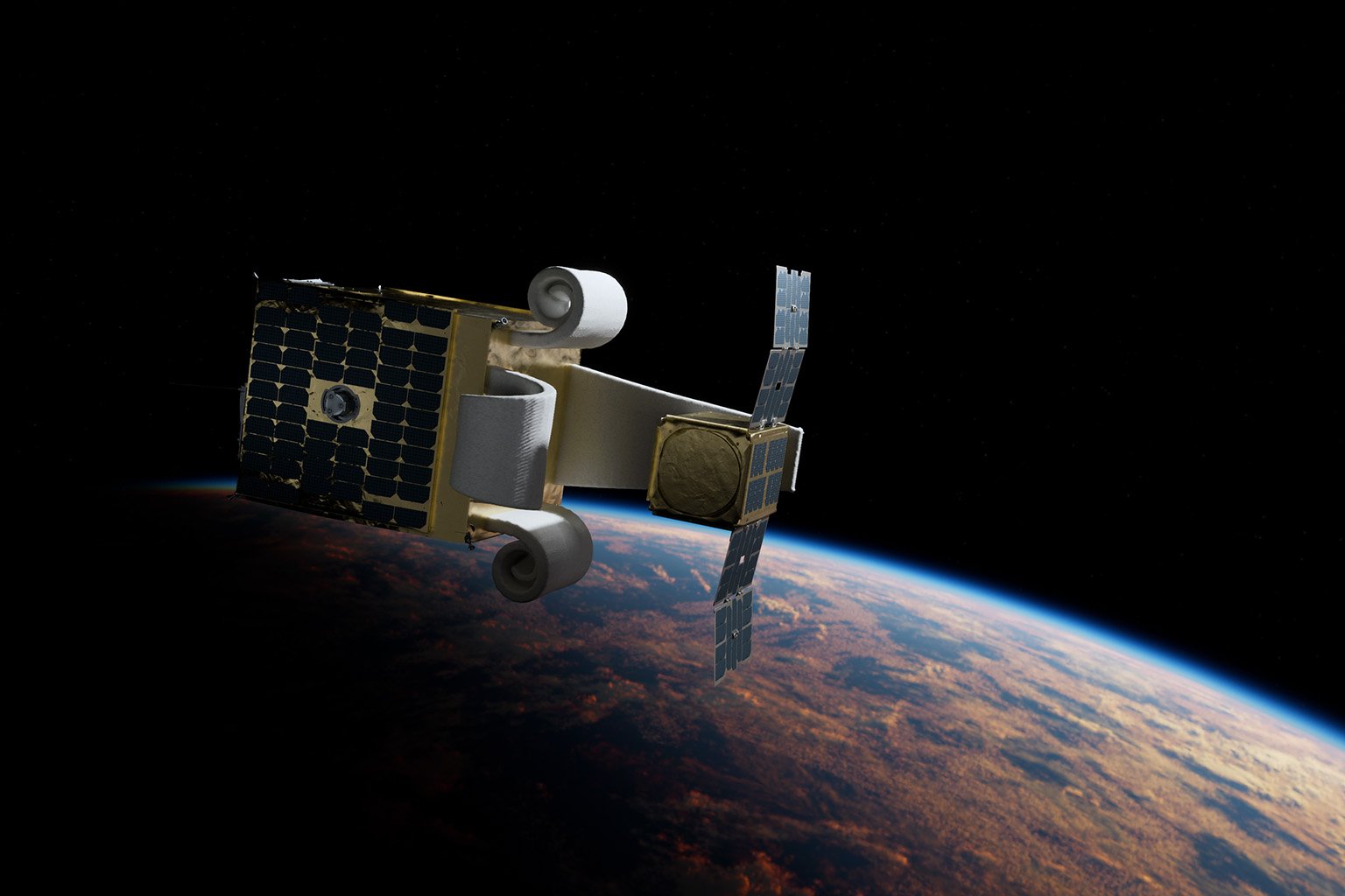 Cosmoserve Space's soft robotic petals reaching for a satellite in orbit
