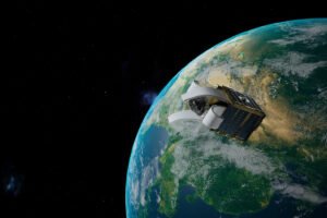 Cosmoserve Space soft robotic petals capturing a satellite above Earth
