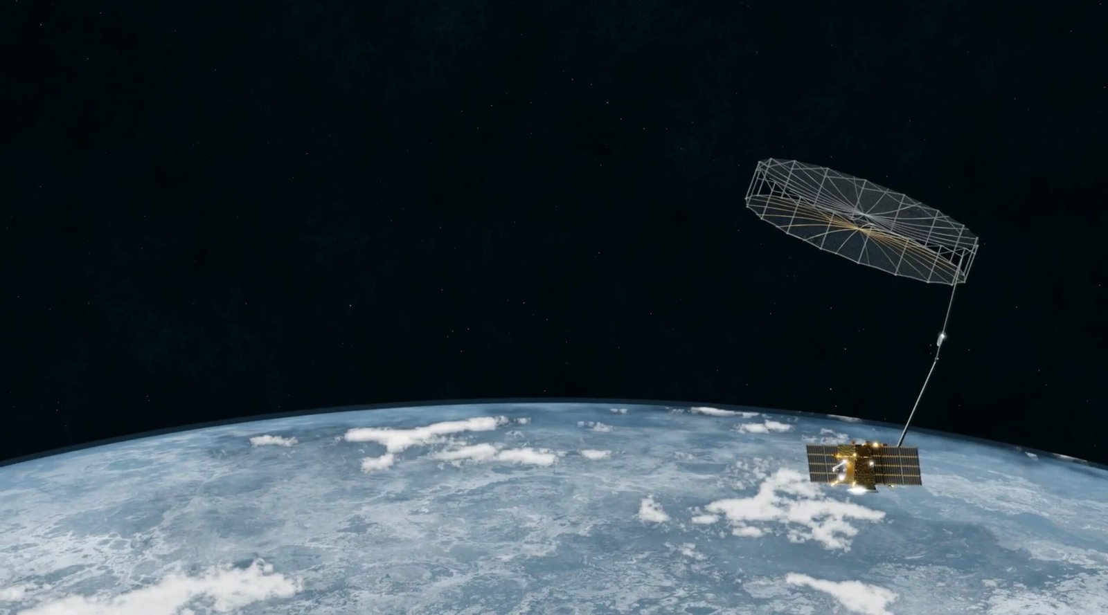 Sisir Radar SAR satellite with unfurlable reflector antenna over Earth