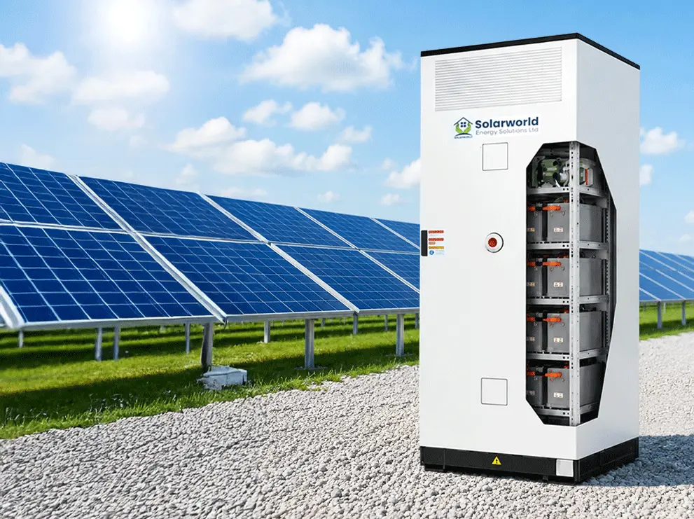 Solarworld's liquid-cooled commercial and industrial energy storage system beside a solar array