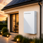 Solaryaan home energy storage unit on a house wall beneath rooftop solar panels