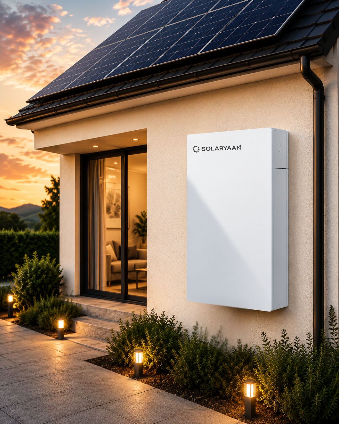 Solaryaan home energy storage unit on a house wall beneath rooftop solar panels