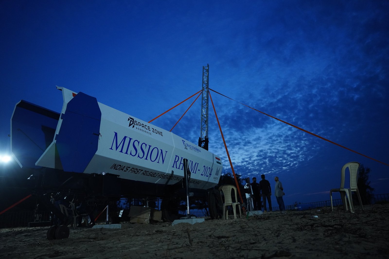 Space Zone India's RHUMI hybrid rocket on its mobile launcher