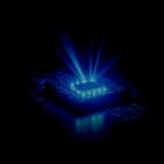A chip rendered in blue on a circuit board — official Spintronics AI Semiconductors visual
