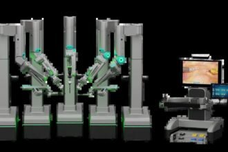 SSi Mantra 3 surgical robot with robotic arms and surgeon console