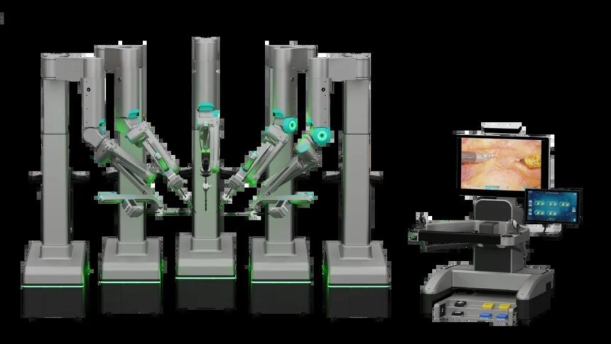 SSi Mantra 3 surgical robot with robotic arms and surgeon console
