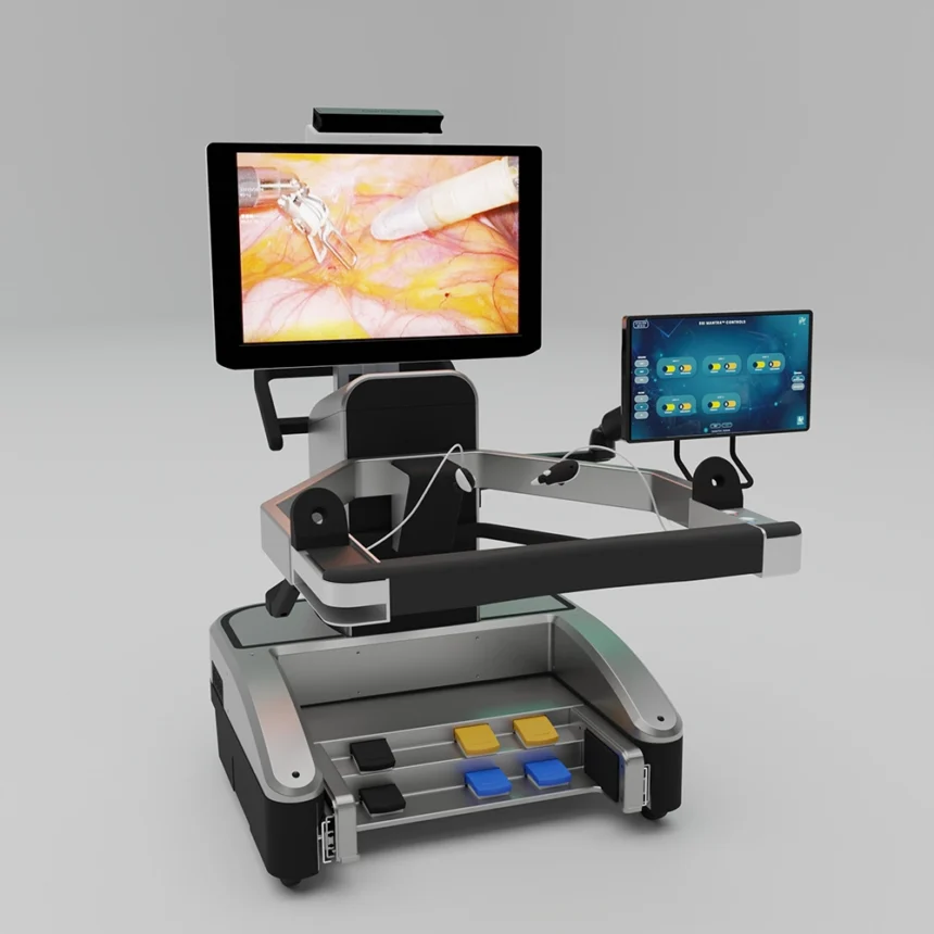 The SSi Mantra 3 surgeon command center: open-faced ergonomic console with 3D 4K monitor and touch-panel controls
