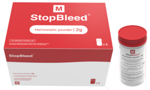 StopBleed haemostatic powder box and bottle, the Bengaluru startup Miraqules' anti-bleeding product