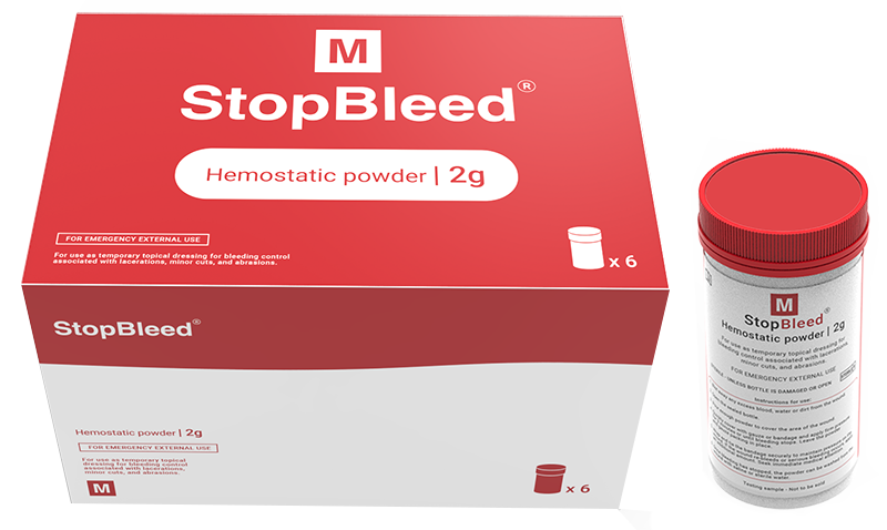 StopBleed haemostatic powder box and bottle, the Bengaluru startup Miraqules' anti-bleeding product