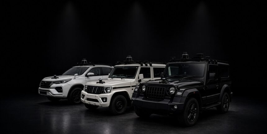 Swaayatt Robots sensor-fitted test vehicles: a Fortuner, a Bolero and a Thar