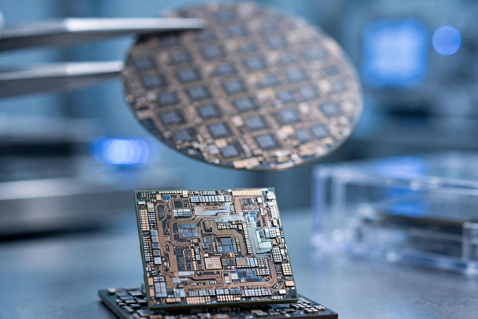 A silicon wafer and chip die in a semiconductor engineering lab