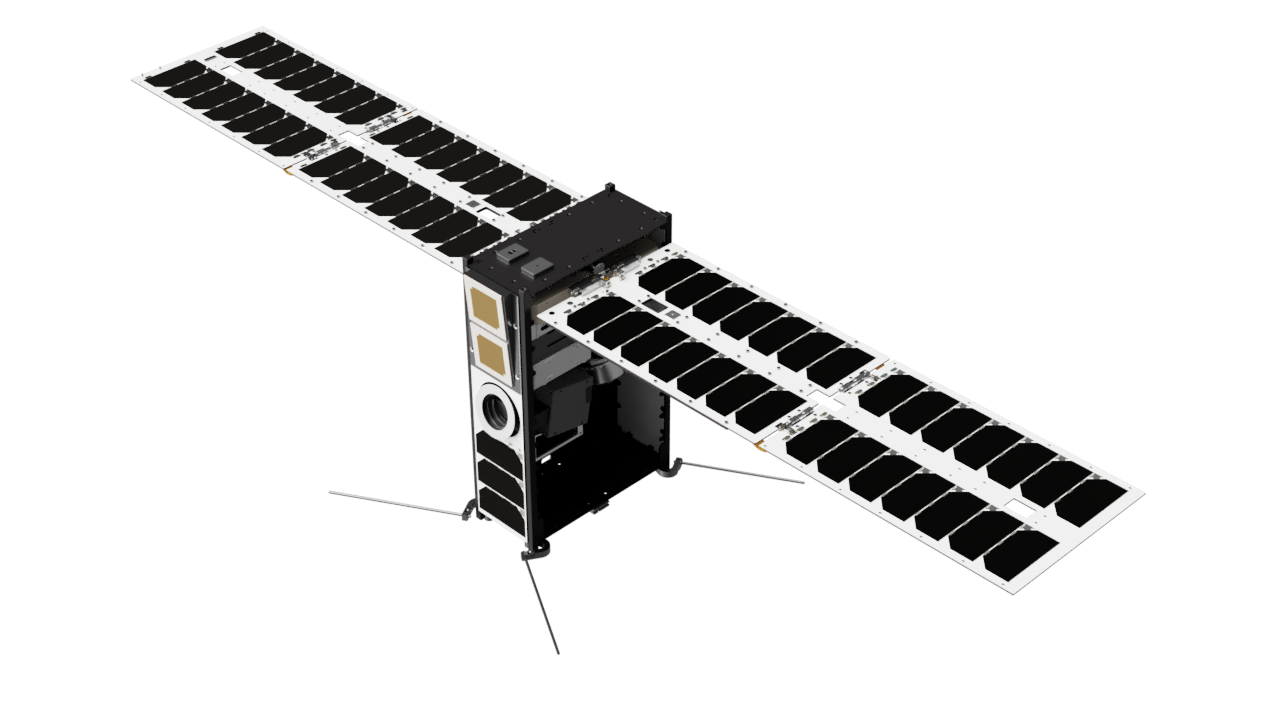 Render of TakeMe2Space's MOI 6U satellite bus with deployed solar wings