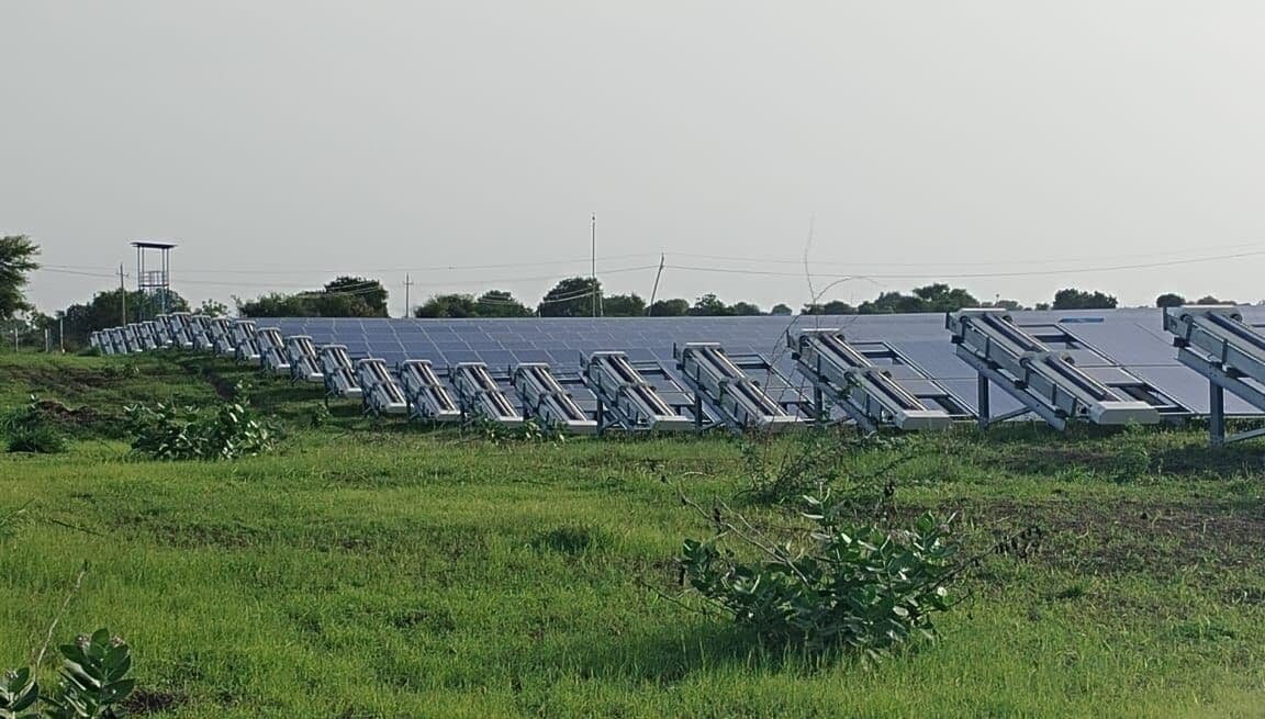 Taypro cleaning robots docked on a single-axis tracker solar plant in India