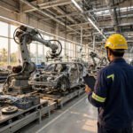Engineer with a tablet beside a robotic arm on a modern automotive production line