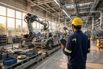 Engineer with a tablet beside a robotic arm on a modern automotive production line