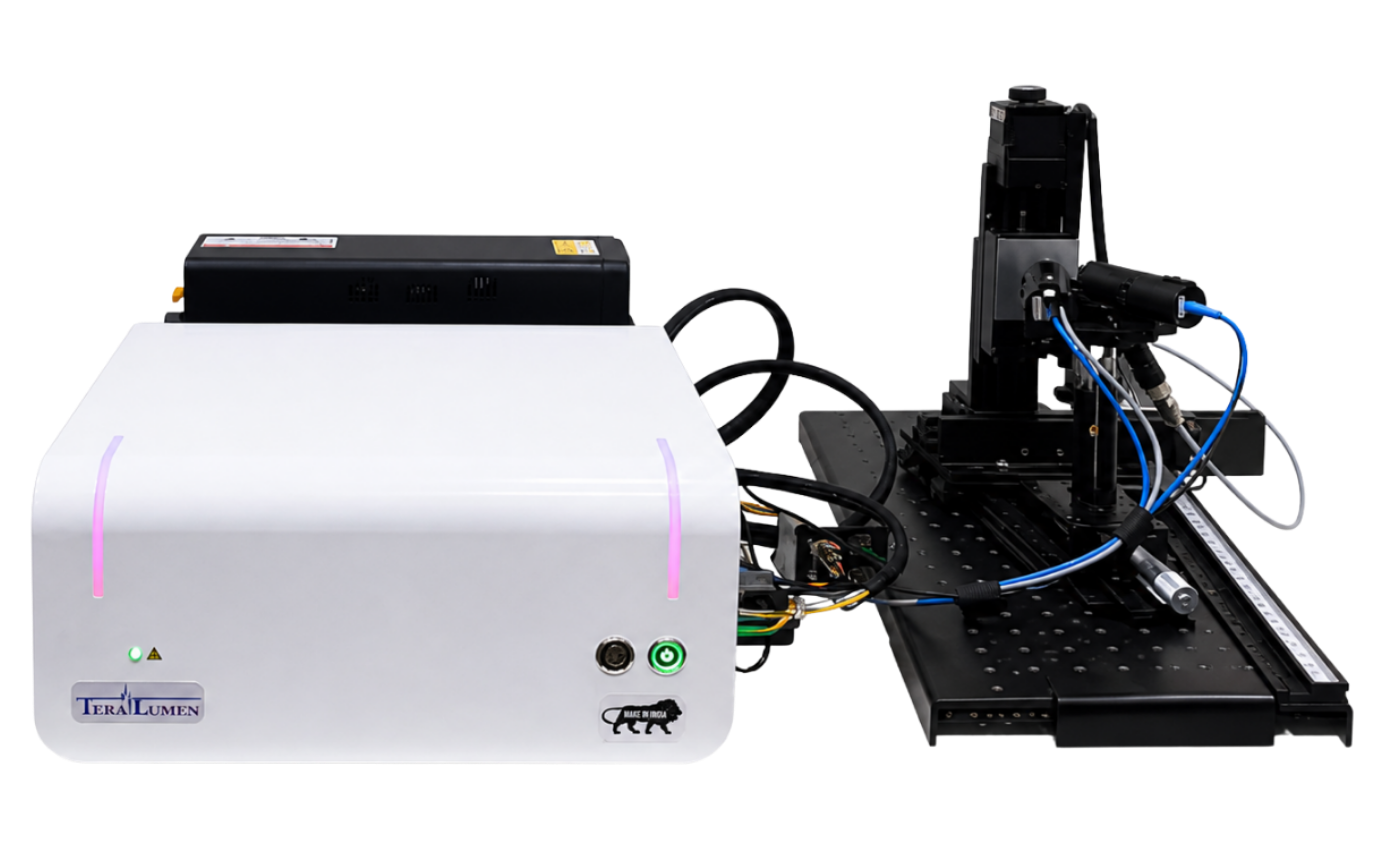 TeraLumen's TeraXPLOR terahertz spectroscopy system, a white controller unit marked Make in India with its scan stage