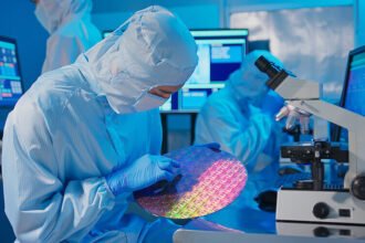 Tessolve Semiconductor engineer inspecting a silicon wafer