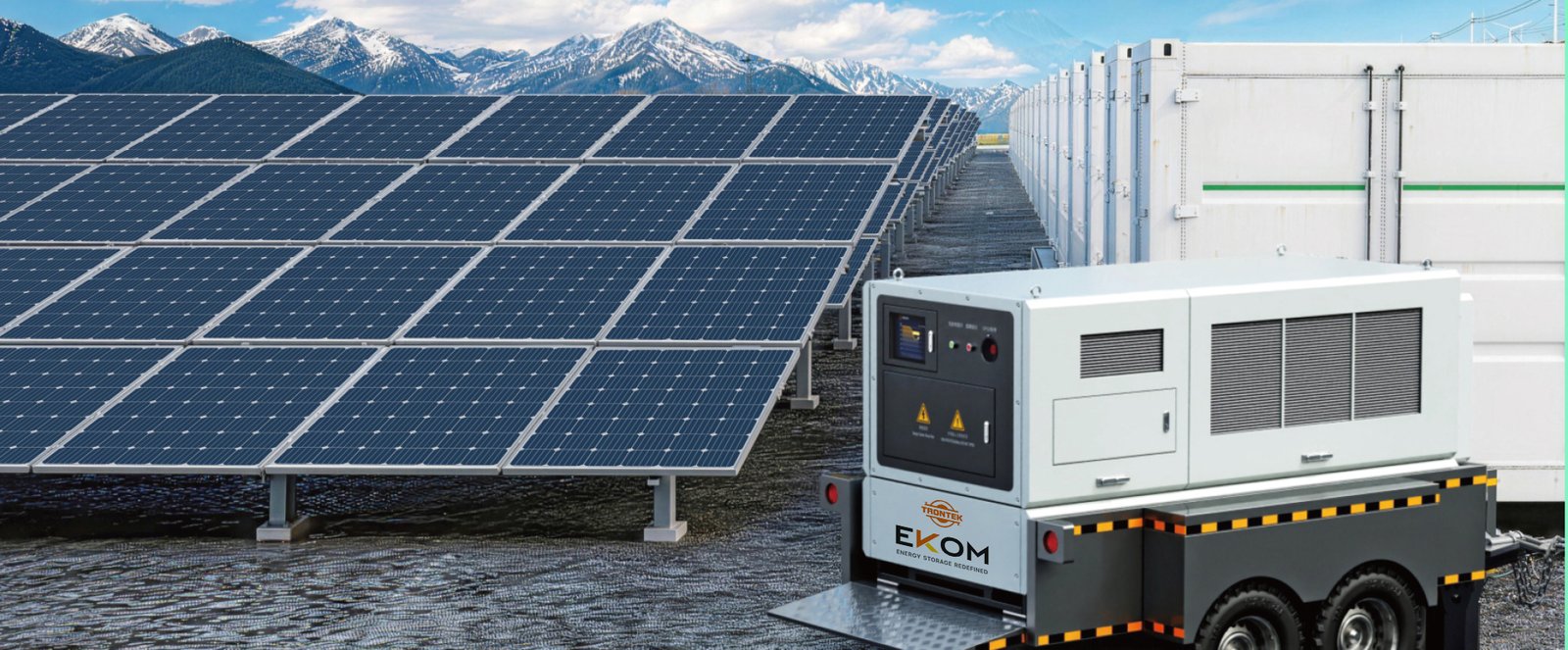 Trontek EKOM mobile energy storage unit beside a solar farm