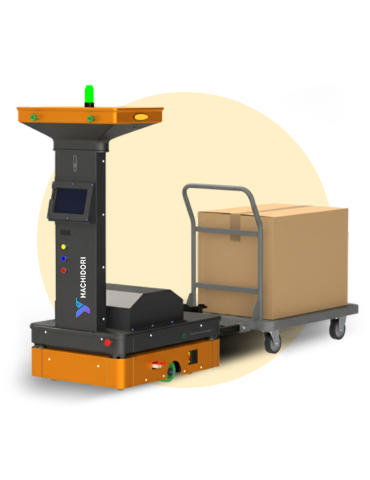 A Hachidori Robotics tugger robot pulling a loaded trolley