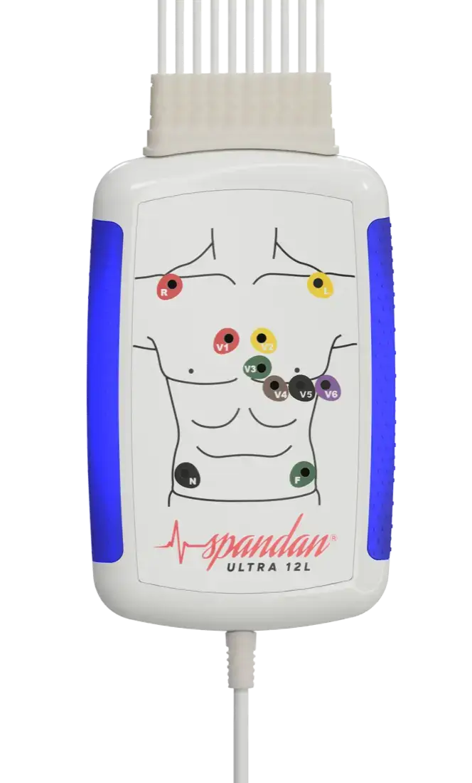 Sunfox Spandan Ultra 12L portable ECG device with electrode placement guide