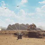 Unistring Tech Solutions counter-drone network scene — ground systems tracking drones over a desert border landscape