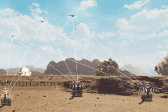 Unistring Tech Solutions counter-drone network scene — ground systems tracking drones over a desert border landscape