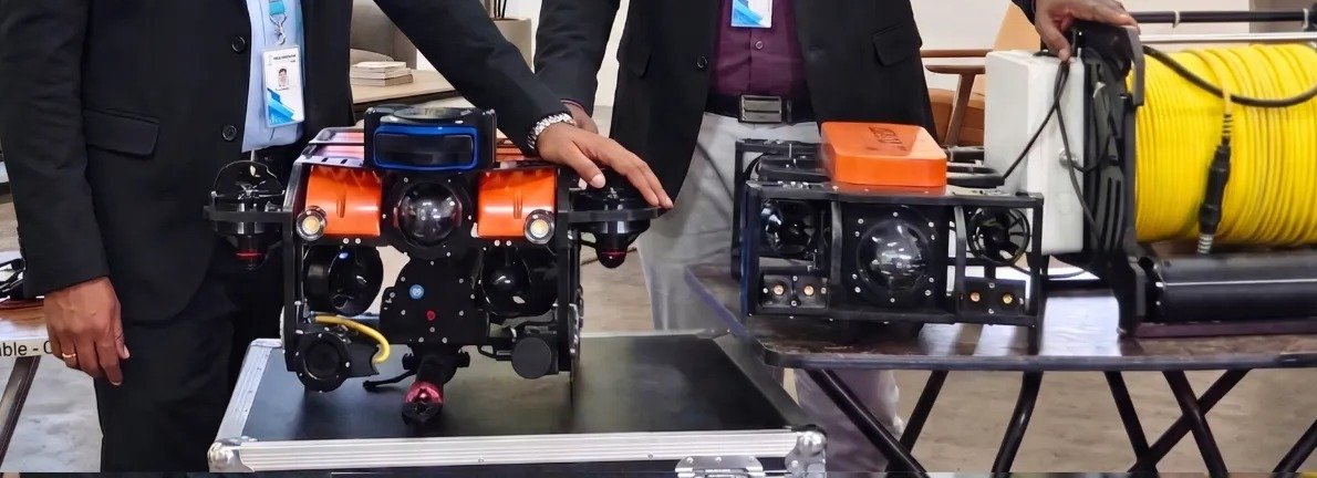 Close view of Vikra Ocean Tech's remotely operated vehicles and tether reel