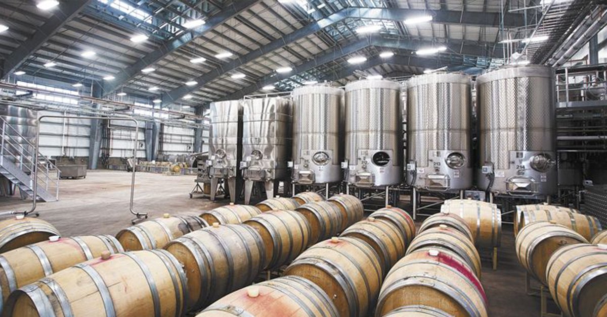 Wine production facility with stainless steel tanks and oak barrels