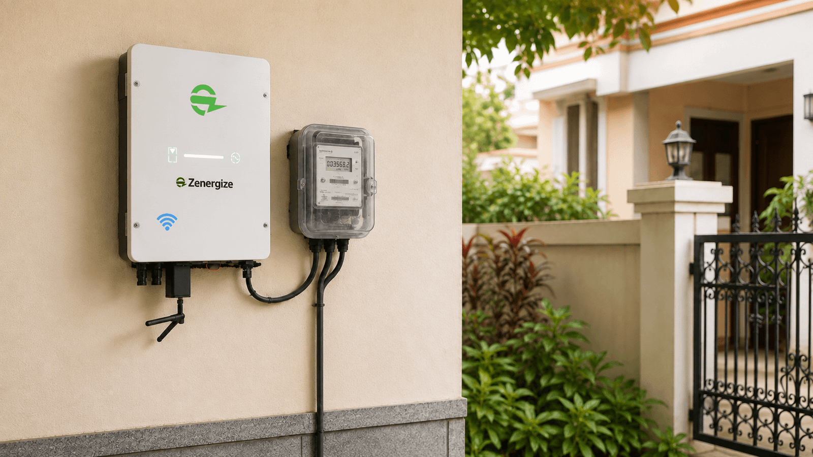 A Zenergize SiC solar inverter installed on a home wall
