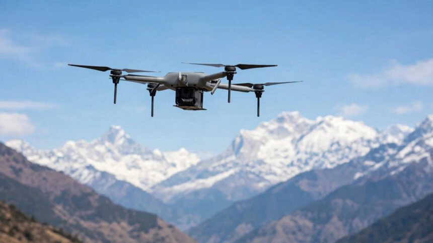 Zenith Unmanned Systems' Vijay Z1 high-endurance quadcopter in flight over the Himalayas