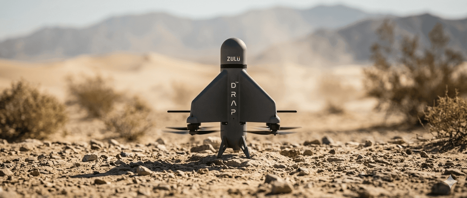 Zulu Defence DRAP tactical loitering munition standing on rocky terrain